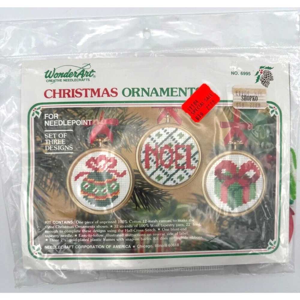 Lot of 2 WonderArt Christmas Ornament Kits Needlepoint Stitchery Crewel Sealed